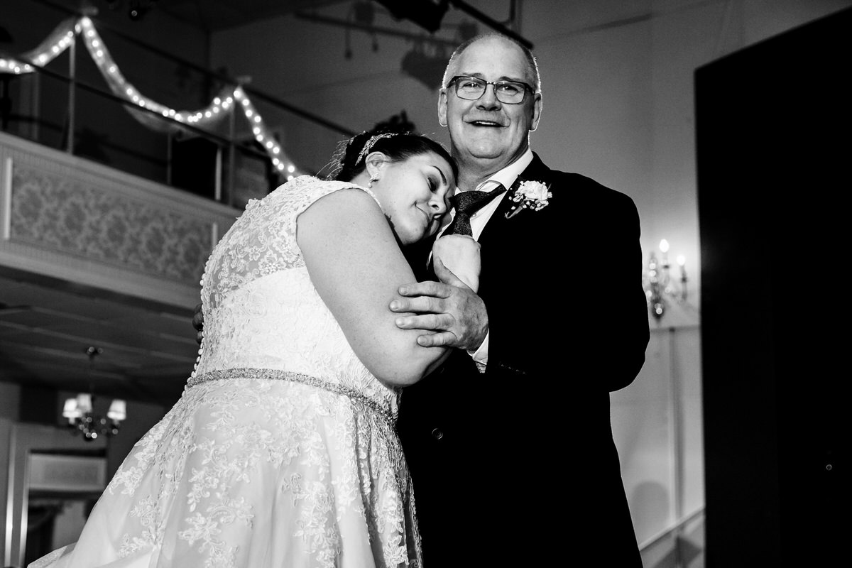 Bride hugs her father during their dance at Wisehaven Event Center Wedding