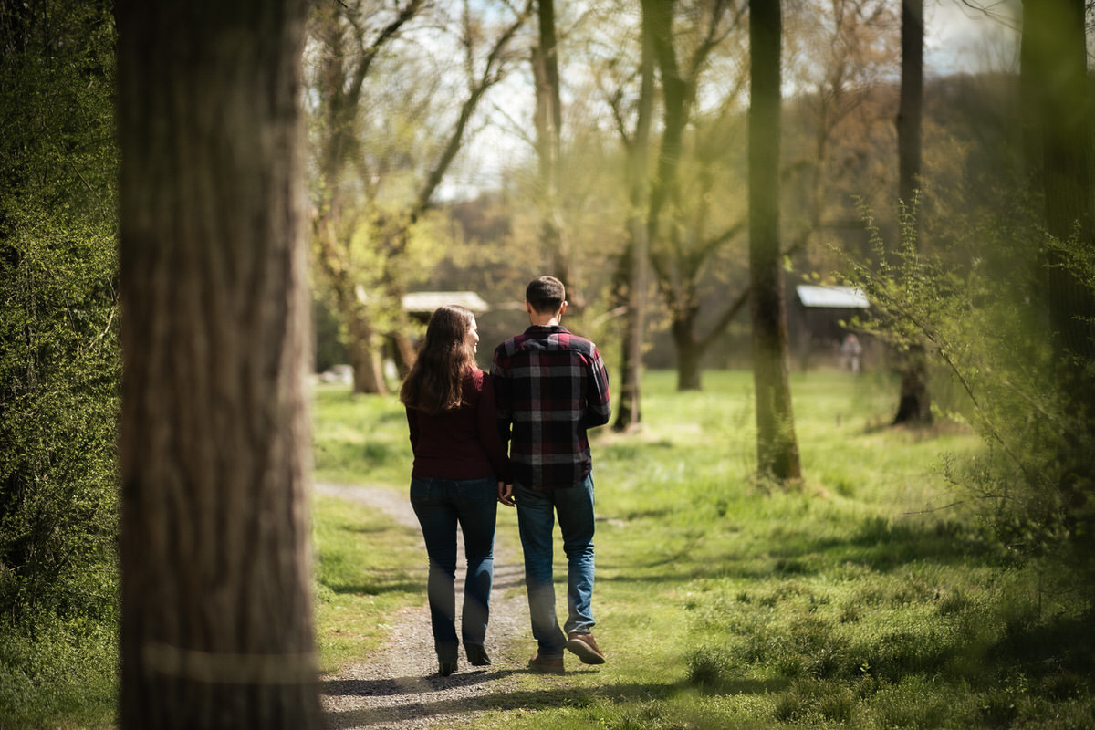 Couple holding hands and walking down tree lined path